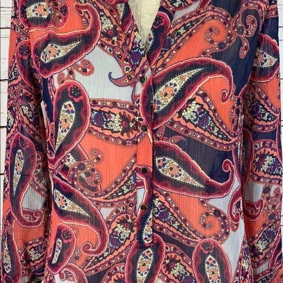 Liz‎ Claiborne Small Paisley Half Button Hi Low pink coral yTop - Picture 6 of 7